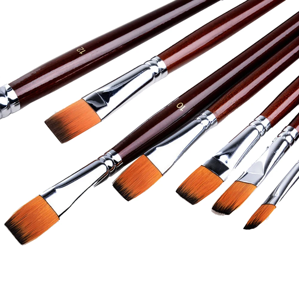 Set de 12 pinceles para pintura al oleo tipo plano con cerda de Nailon y mango largo, PROFESIONAL