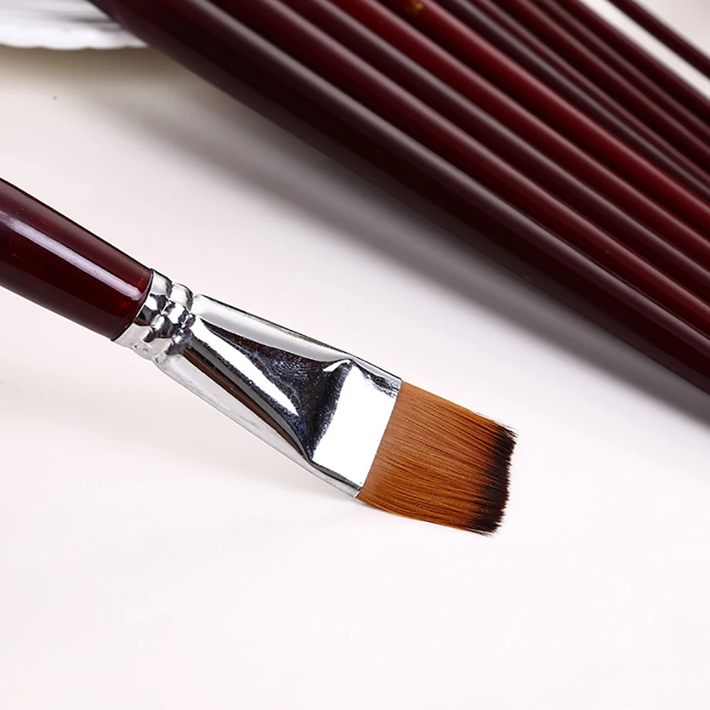 Set de 12 pinceles para pintura al oleo tipo plano con cerda de Nailon y mango largo, PROFESIONAL