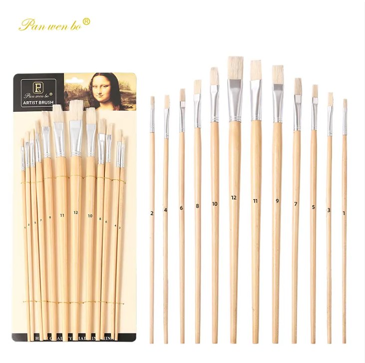 Set de 12 Pinceles planos de  pelo de cerdo para oleo y acrilico, mango largo