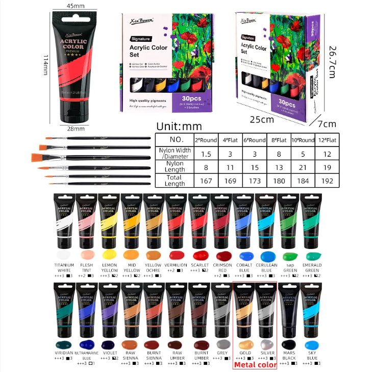 Set de 24 colores acrilicos de 35ML marca Xinbowen  Viene en paquete con un set de obsequio de Pinceles de Nylon MSDS EN-71 para estudiantes y pintores profesionales