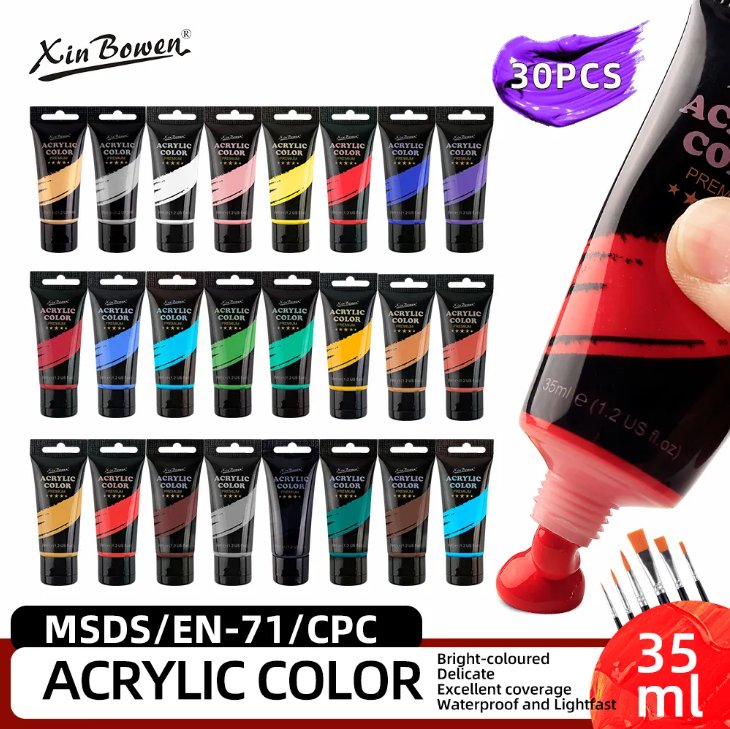 Set de 24 colores acrilicos de 35ML marca Xinbowen  Viene en paquete con un set de obsequio de Pinceles de Nylon MSDS EN-71 para estudiantes y pintores profesionales