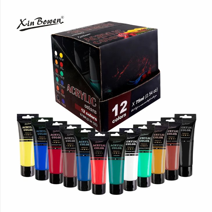 Set de 12 colores acrilicos de 75ML marca Xinbowen, para estudiantes y pintores profesionales