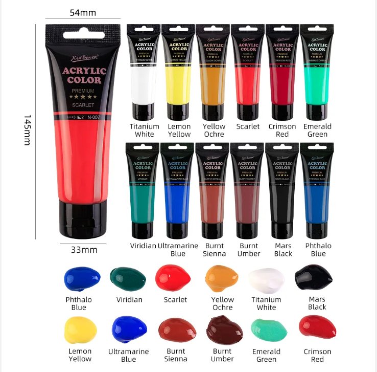 Set de 12 colores acrilicos de 75ML marca Xinbowen, para estudiantes y pintores profesionales