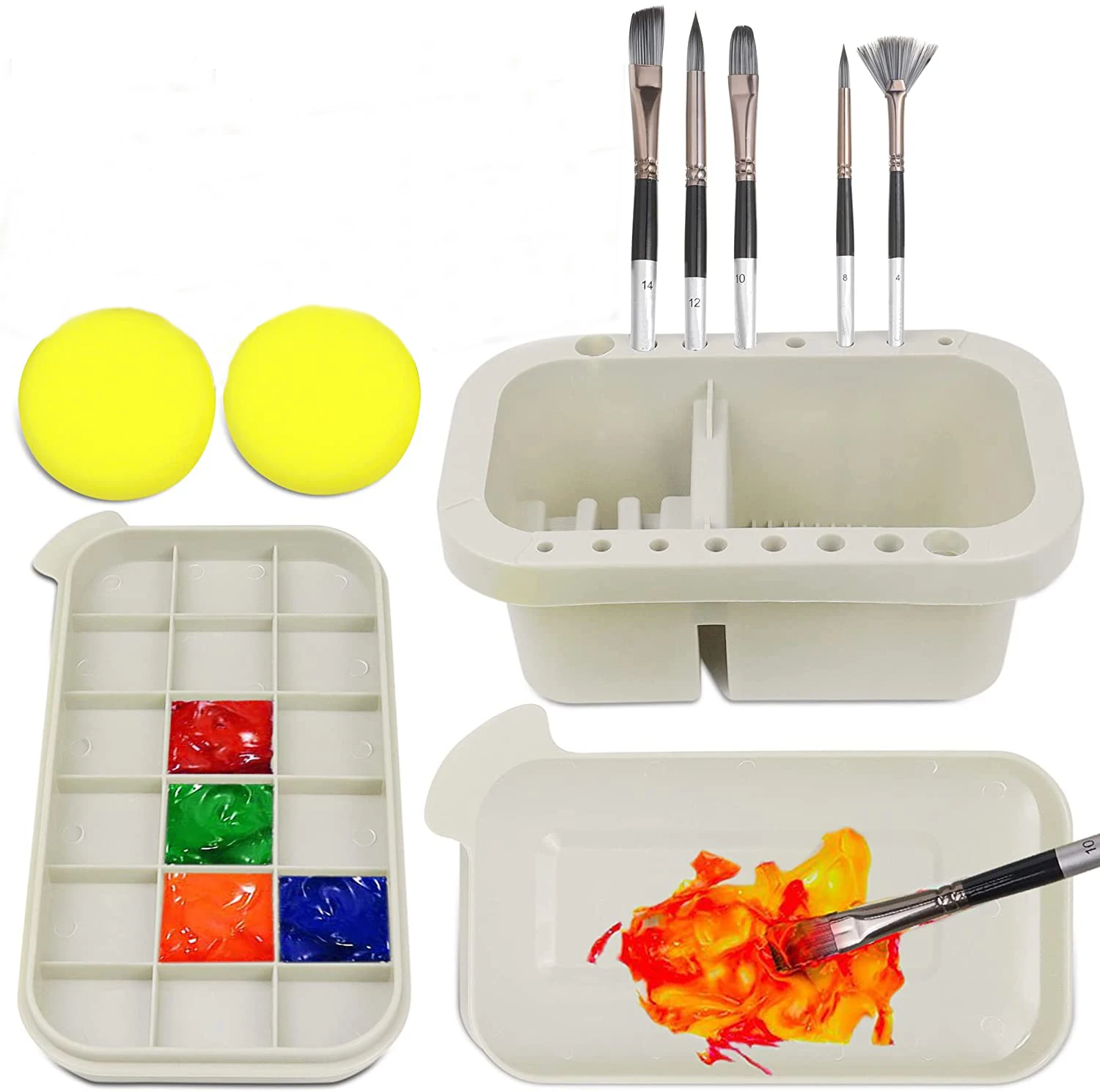 Limpiador de pinceles de pintura multifuncion, para lavado y organizador, bandeja ancha con tapa tipo paleta, hecho en plastico, incluye 2 esponjas