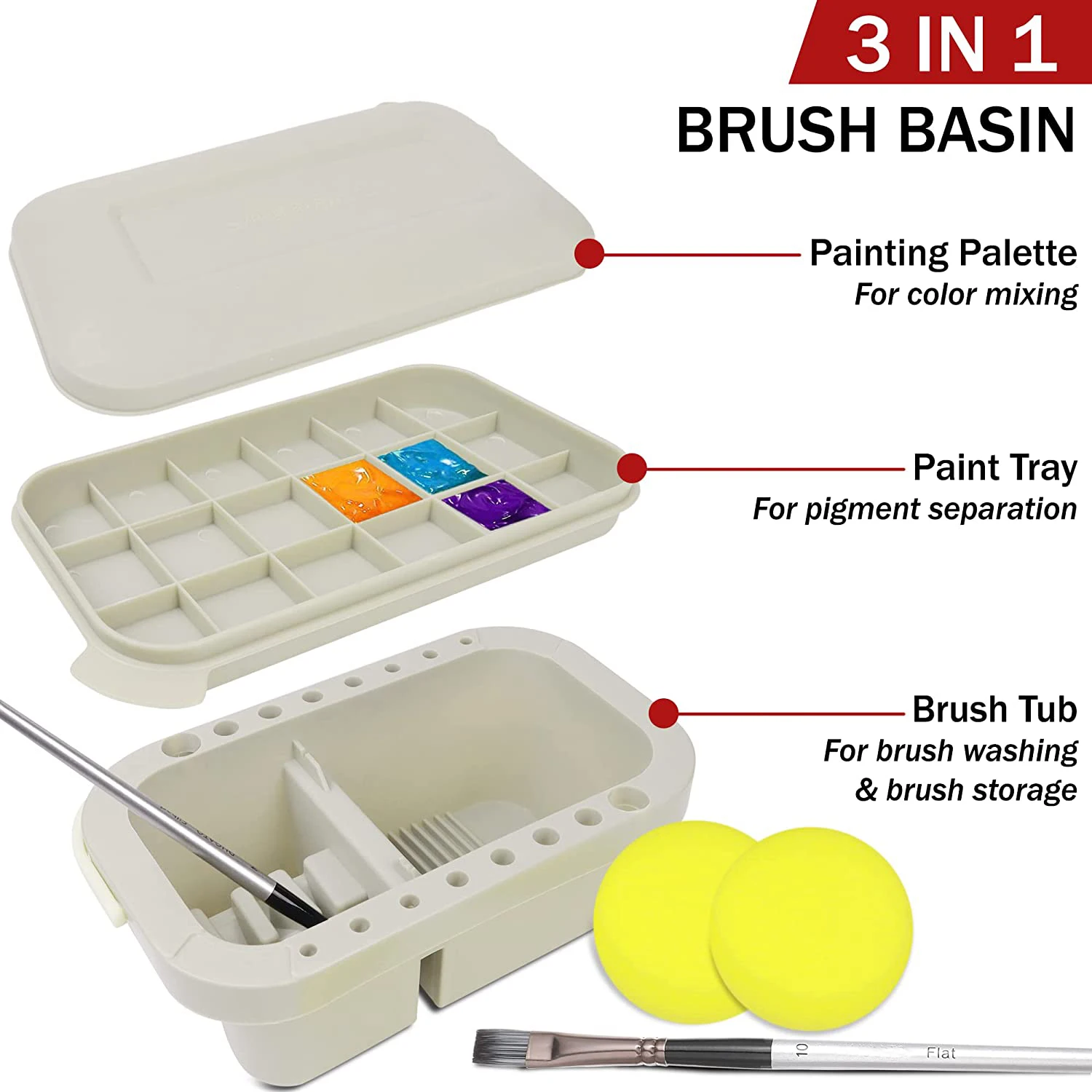 Limpiador de pinceles de pintura multifuncion, para lavado y organizador, bandeja ancha con tapa tipo paleta, hecho en plastico, incluye 2 esponjas