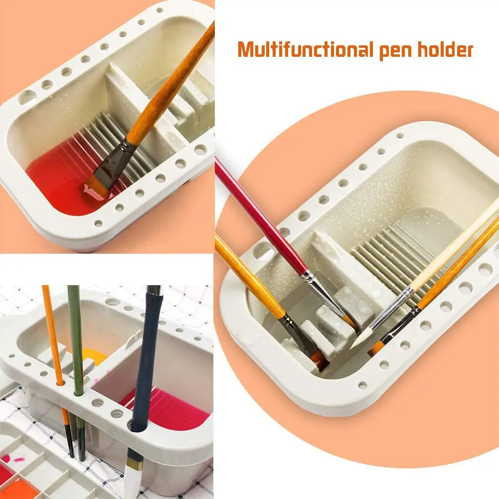 Limpiador de pinceles de pintura multifuncion, para lavado y organizador, bandeja ancha con tapa tipo paleta, hecho en plastico, incluye 2 esponjas