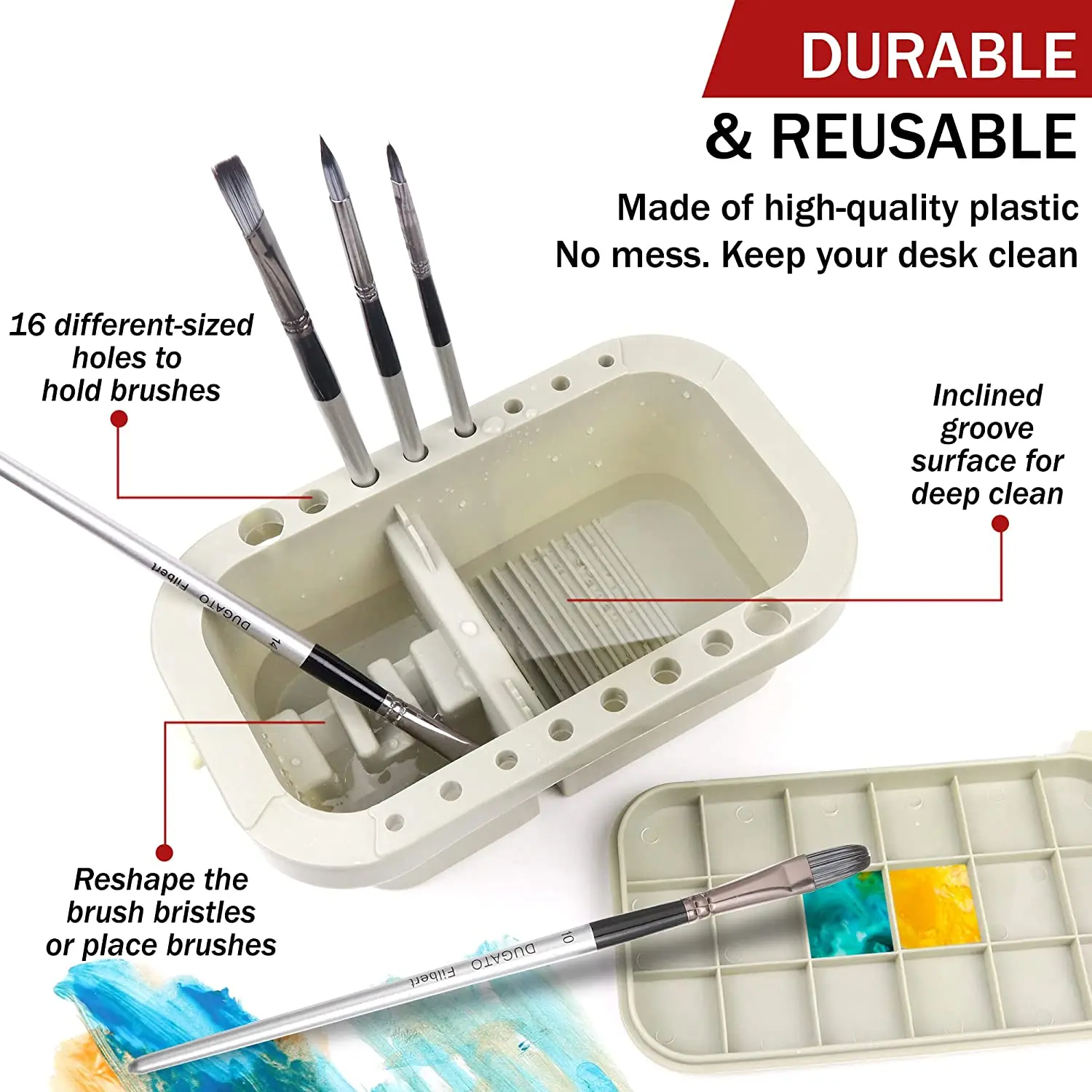 Limpiador de pinceles de pintura multifuncion, para lavado y organizador, bandeja ancha con tapa tipo paleta, hecho en plastico, incluye 2 esponjas