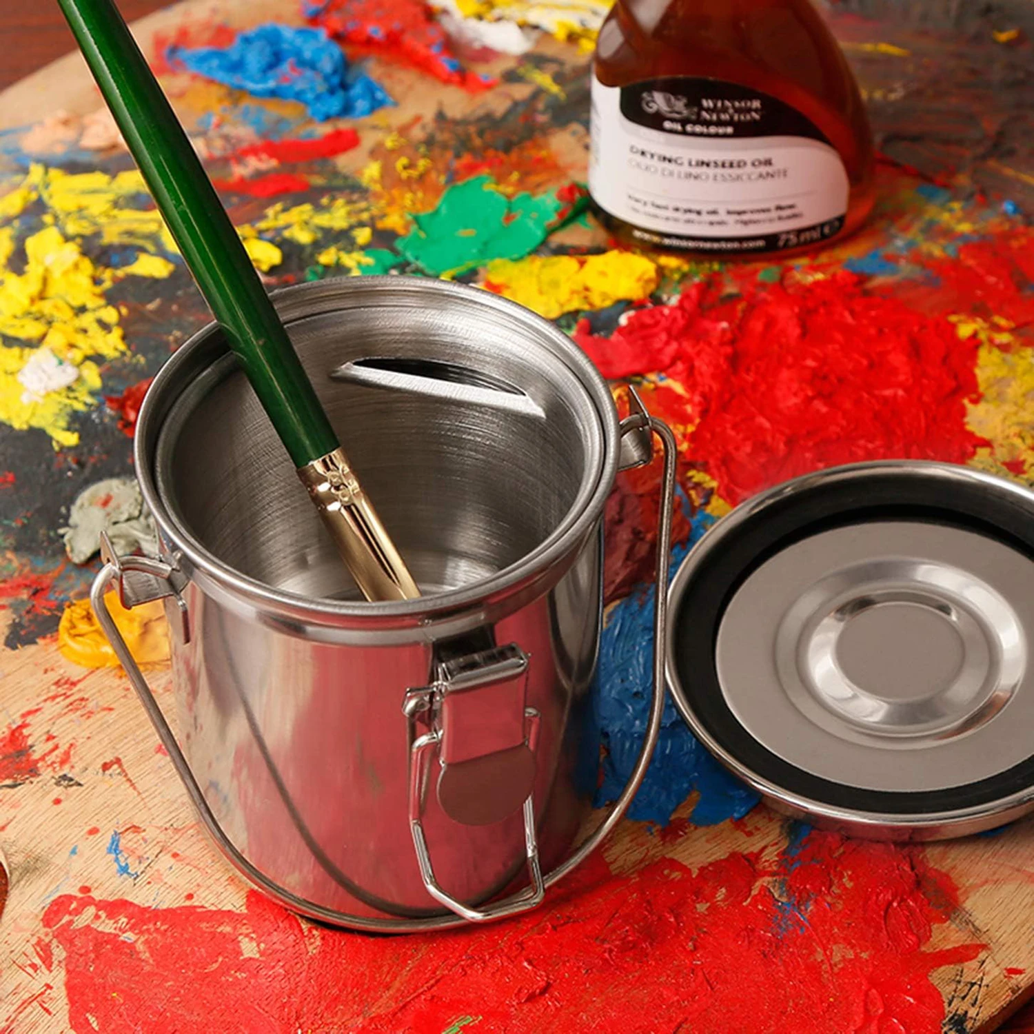 Limpiador de pinceles de pintura portátil para artistas, limpiador de pinceles de pintura a prueba de fugas de acero inoxidable con tapa y pantalla de filtro extraíble, pequeño ideal para pintura al aire libre