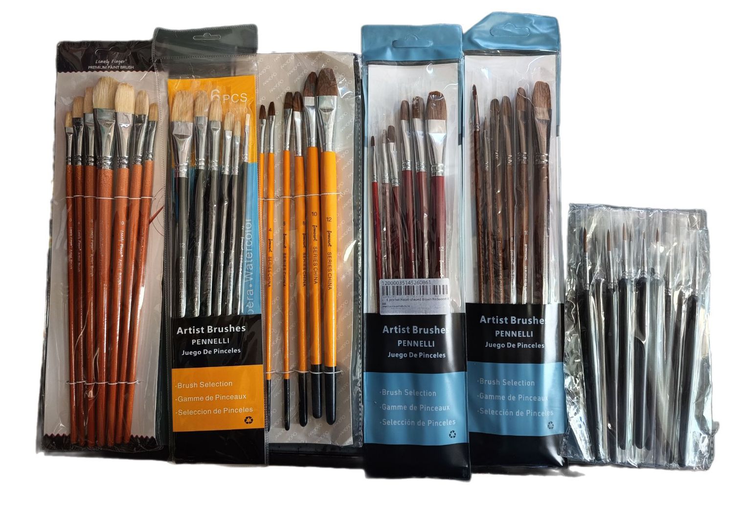 SET DE PINCELES DE MANGO LARGO DE CERDA DE PELO NATURAL TIPO FILBERT (INCLUYE 5 SUBPAQUETES Y 1 PAQUETE DE LINERS))