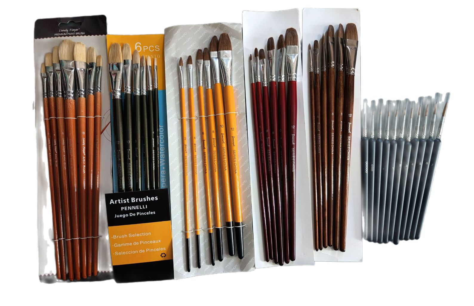 SET DE PINCELES DE MANGO LARGO DE CERDA DE PELO NATURAL TIPO FILBERT (INCLUYE 5 SUBPAQUETES Y 1 PAQUETE DE LINERS))