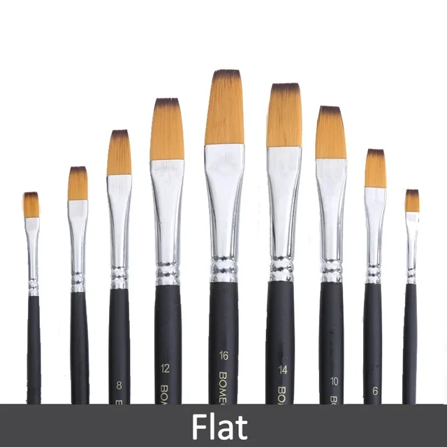 Paquete de 5 Sets de pinceles, 4 sets son de nailon con mango largo para pintura al oleo incluye tipo filbert, angular, plano, round point  y 1 set tipo liners