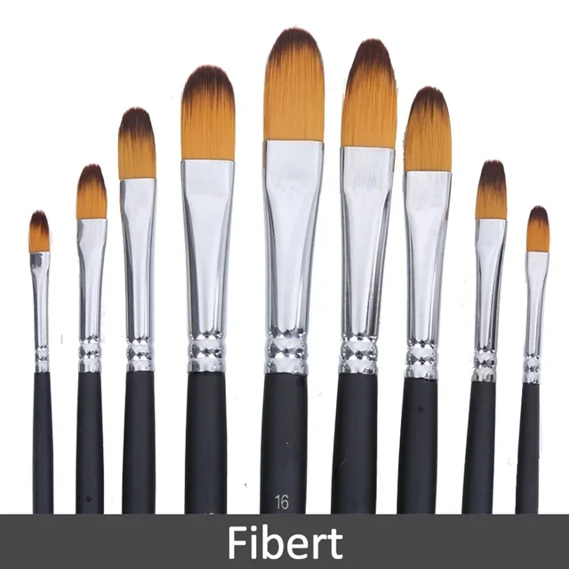 Paquete de 5 Sets de pinceles, 4 sets son de nailon con mango largo para pintura al oleo incluye tipo filbert, angular, plano, round point  y 1 set tipo liners
