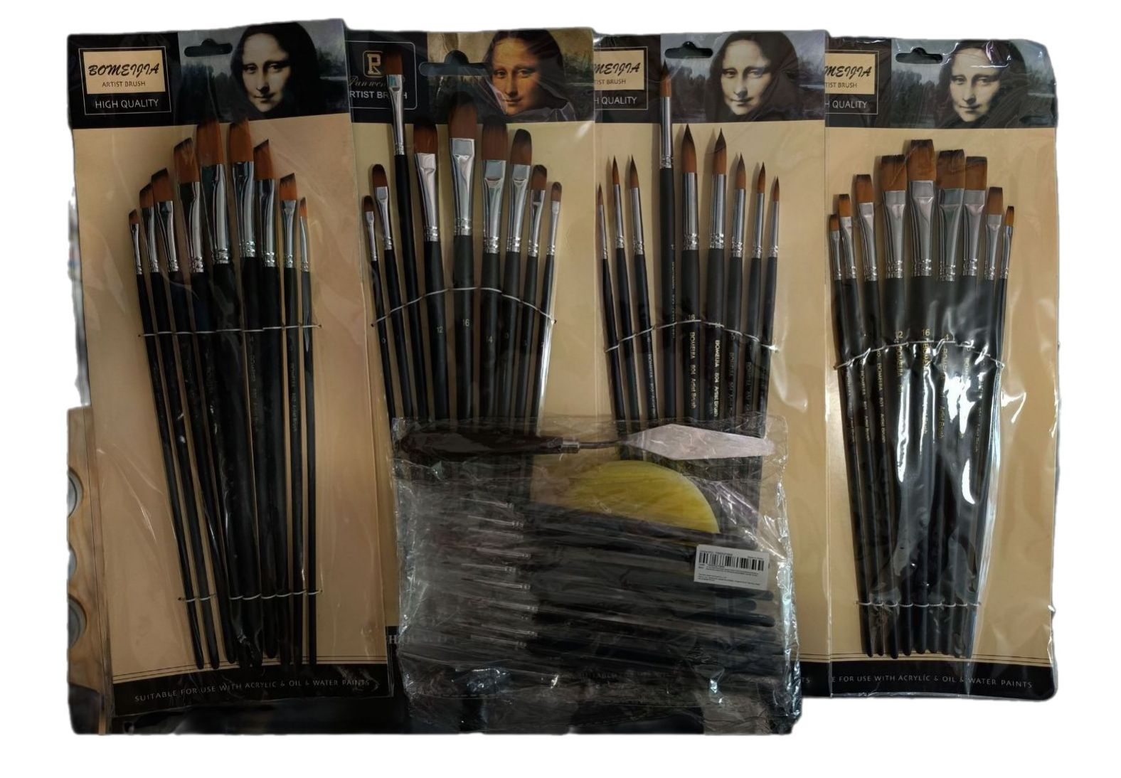 Paquete de 5 Sets de pinceles, 4 sets son de nailon con mango largo para pintura al oleo incluye tipo filbert, angular, plano, round point  y 1 set tipo liners