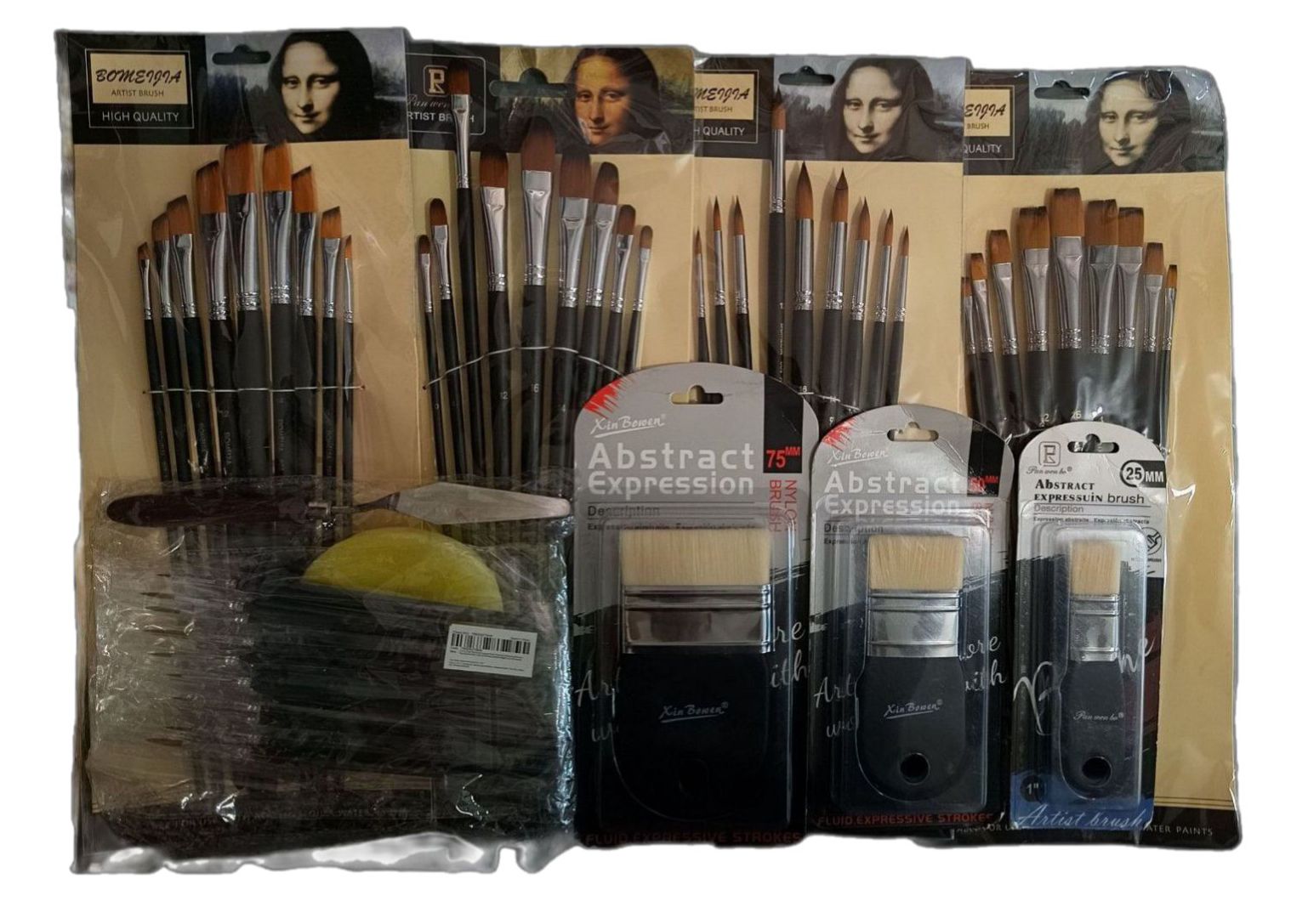 Paquete de 6 Sets de pinceles, 4 sets son de nailon con mango largo para pintura al oleo incluye tipo filbert, angular, plano, round point ,1 set tipo liners y 1 set de pinceles anchos de gran formato