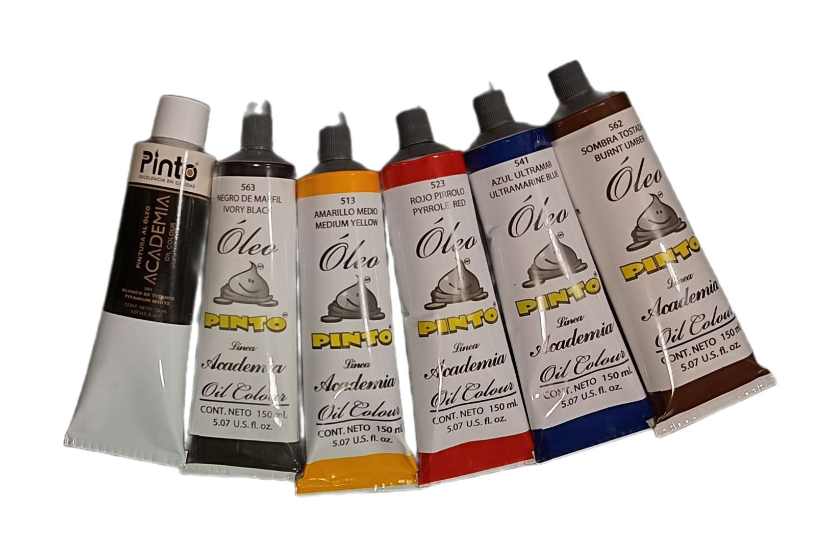 SET COLORES PRIMARIOS, 6 Tubos de oleo de 150 ml Marca Pinto, serie ACADEMIA incluye: 1 Blanco de titanio, 1 amarillo medio, 1 rojo pirrolo, 1 azul ultramar, 1 sombra tostada y 1 negro marfil