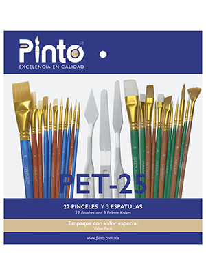 Set de 25 piezas, pinceles para pintura al oleo y acrilico marca PINTO  con cerda de Nailon y mango corto