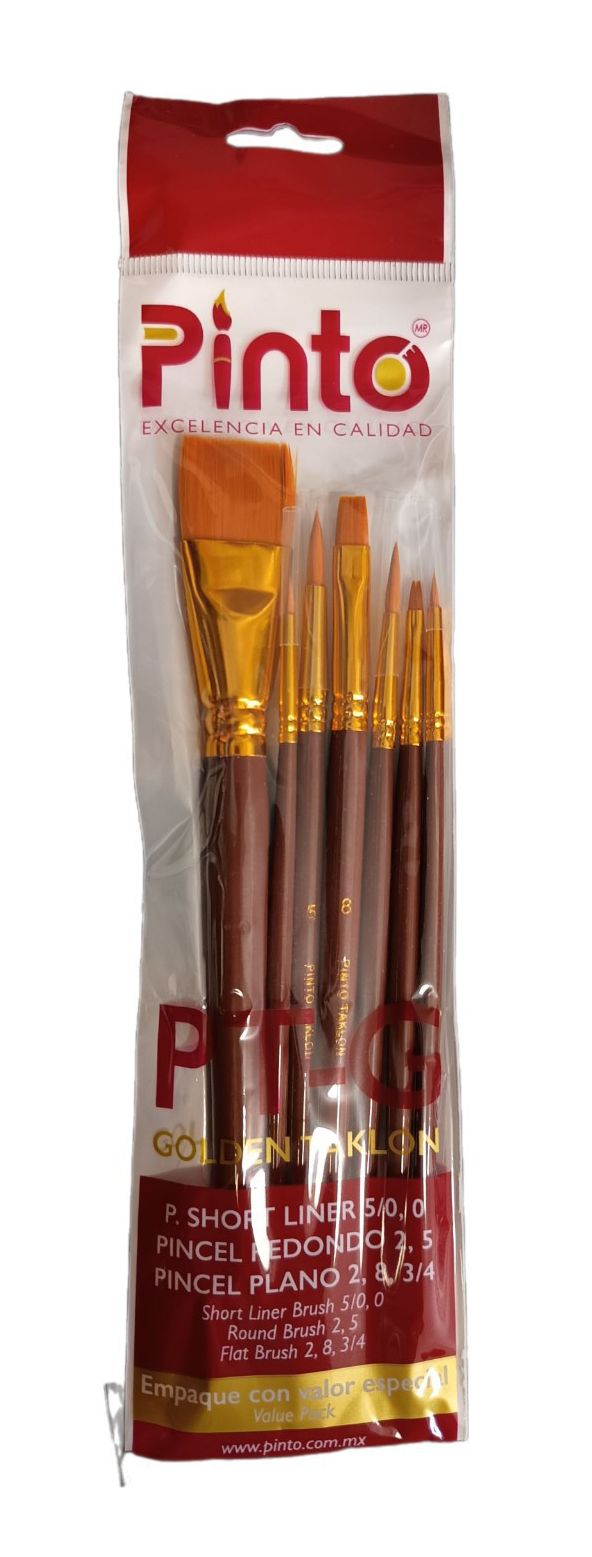 Set de 7 piezas, pinceles para pintura al oleo y acrilico marca PINTO  con cerda de Nailon y mango corto modelo PTG Golden tacklon