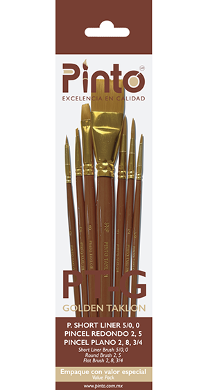 Set de 7 piezas, pinceles para pintura al oleo y acrilico marca PINTO  con cerda de Nailon y mango corto modelo PTG Golden tacklon
