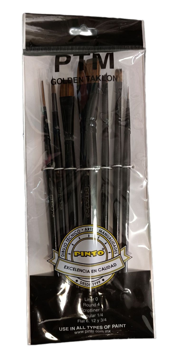 Set de 7 piezas, pinceles para pintura al oleo y acrilico marca PINTO  con cerda de Nailon y mango corto modelo PTM Golden tacklon