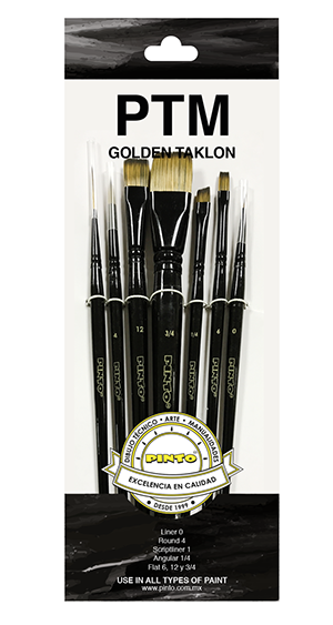 Set de 7 piezas, pinceles para pintura al oleo y acrilico marca PINTO  con cerda de Nailon y mango corto modelo PTM Golden tacklon