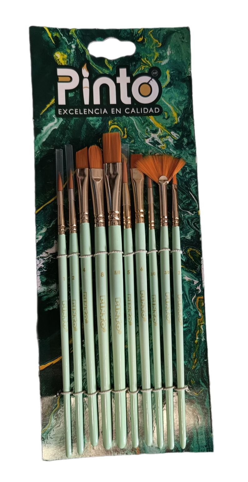 Set de 10 piezas, pinceles para pintura al oleo y acrilico marca PINTO  con cerda de Nailon y mango corto modelo PT Mint 10 Golden tacklon