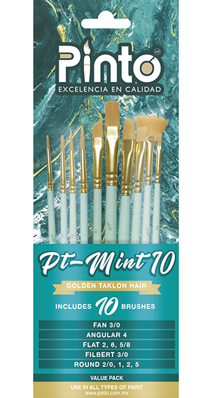 Set de 10 piezas, pinceles para pintura al oleo y acrilico marca PINTO  con cerda de Nailon y mango corto modelo PT Mint 10 Golden tacklon