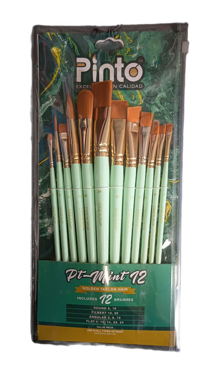 Set de 12 piezas, pinceles para pintura al oleo y acrilico marca PINTO con cerda de Nailon y mango corto modelo PT Mint 12 Golden tacklon