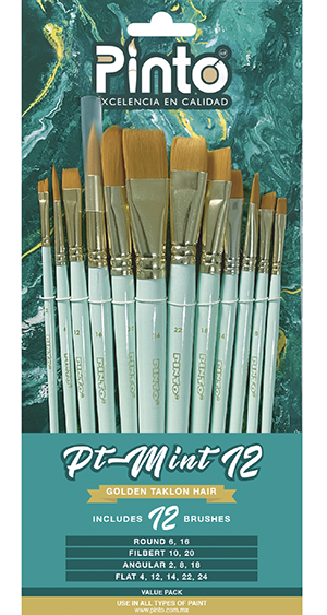 Set de 12 piezas, pinceles para pintura al oleo y acrilico marca PINTO  con cerda de Nailon y mango corto modelo PT Mint 12 Golden tacklon