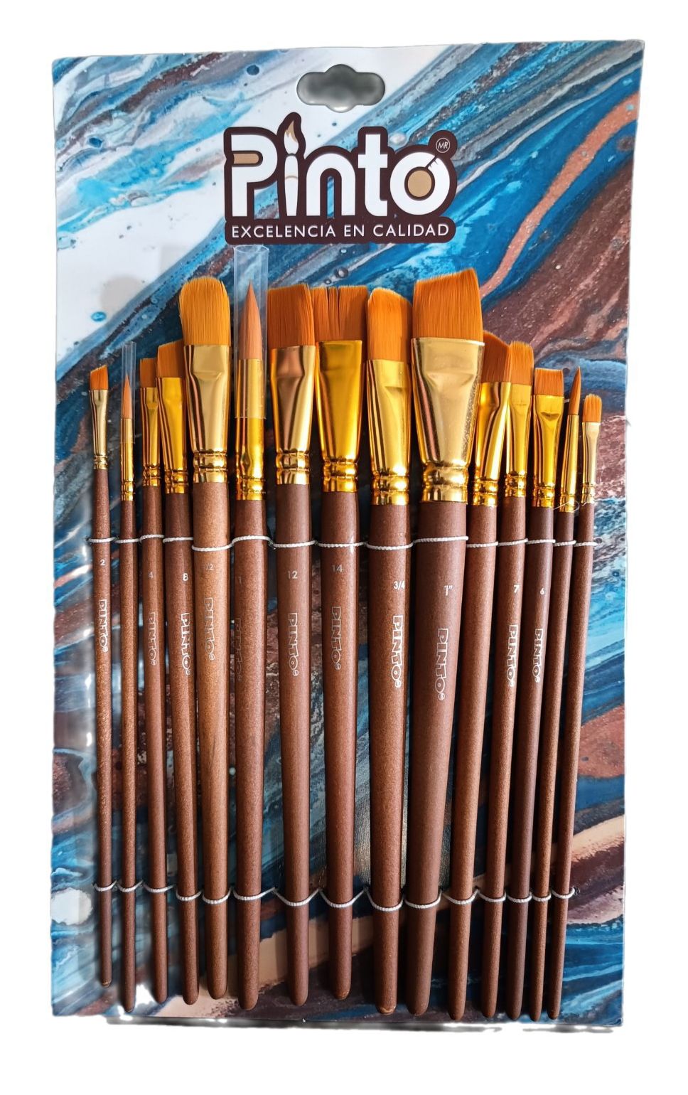 Set de 15 piezas, pinceles para pintura al oleo y acrilico marca PINTO con cerda de Nailon y mango corto modelo PT Brown 15 Golden tacklon