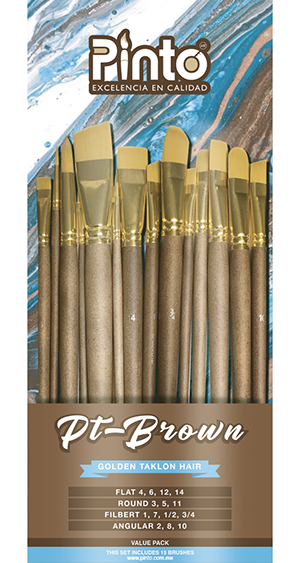 Set de 15 piezas, pinceles para pintura al oleo y acrilico marca PINTO  con cerda de Nailon y mango corto modelo PT Brown 15 Golden tacklon