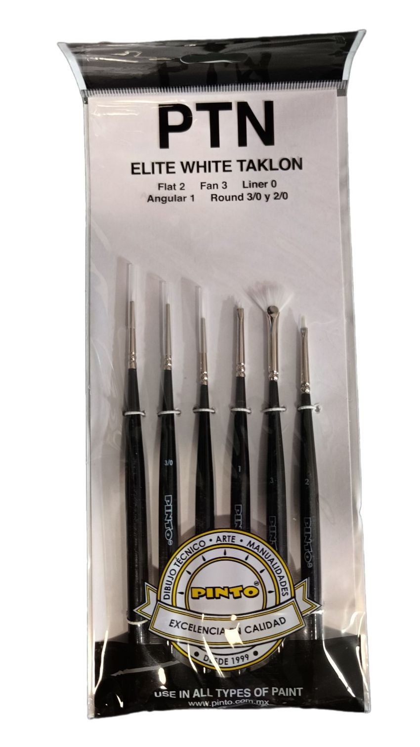 Set de 6 piezas, pinceles para pintura al oleo y acrilico marca PINTO  con cerda de Nailon y mango corto modelo PTN Elite White Taklon