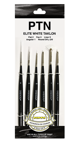 Set de 6 piezas, pinceles para pintura al oleo y acrilico marca PINTO  con cerda de Nailon y mango corto modelo PTN Elite White Taklon