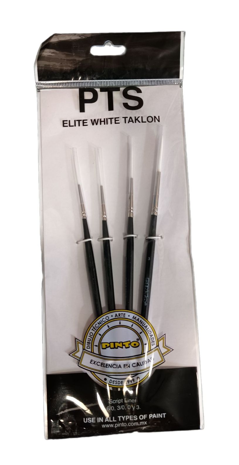 Set de 4 piezas, pinceles para pintura al oleo y acrilico marca PINTO  con cerda de Nailon y mango corto modelo PTS Elite White Taklon