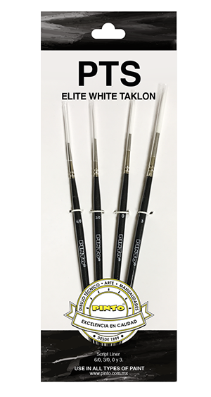 Set de 4 piezas, pinceles para pintura al oleo y acrilico marca PINTO  con cerda de Nailon y mango corto modelo PTS Elite White Taklon