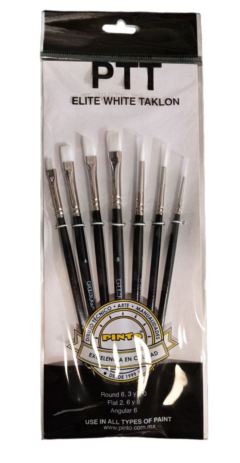 Set de 7 piezas, pinceles para pintura al oleo y acrilico marca PINTO con cerda de Nailon y mango corto modelo PTT Elite White Taklon
