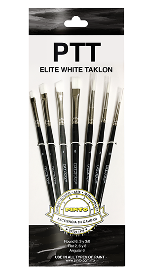 Set de 7 piezas, pinceles para pintura al oleo y acrilico marca PINTO  con cerda de Nailon y mango corto modelo PTT Elite White Taklon