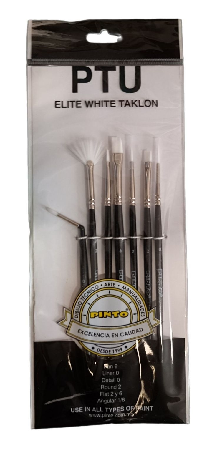 Set de 7 piezas, pinceles para pintura al oleo y acrilico marca PINTO  con cerda de Nailon y mango corto modelo PTU Elite White Taklon