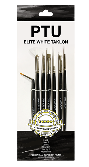 Set de 7 piezas, pinceles para pintura al oleo y acrilico marca PINTO  con cerda de Nailon y mango corto modelo PTU Elite White Taklon