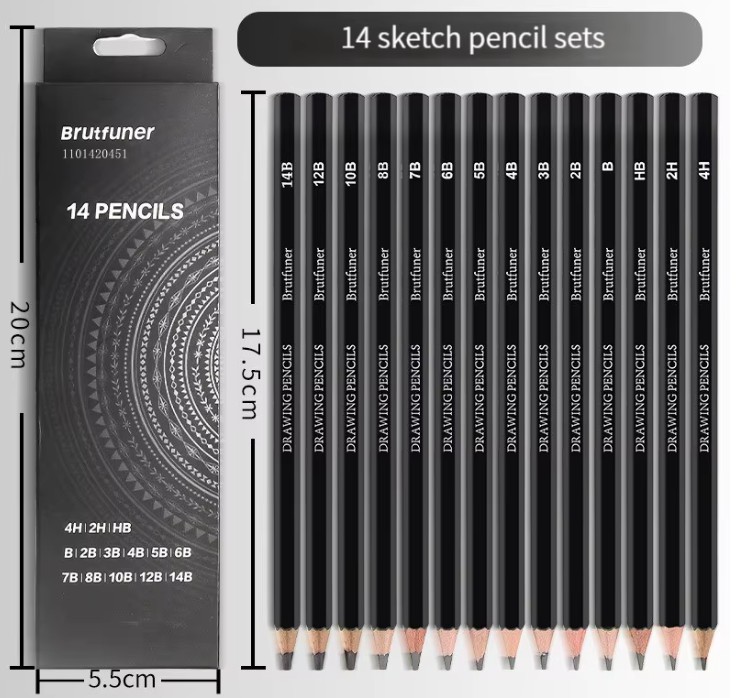 Set de 14 Lápices de grafito marca Brutfuner, diferentes gradaciones HB, 2H, 4H, B, 2B, 3B, 4B, 5B, 6B, 7B, 8B, 10B, 12B, 14B para dibujo artistico
