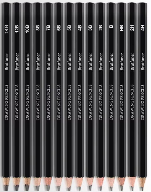 Set de 14 Lápices de grafito marca Brutfuner, diferentes gradaciones HB, 2H, 4H, B, 2B, 3B, 4B, 5B, 6B, 7B, 8B, 10B, 12B, 14B para dibujo artistico