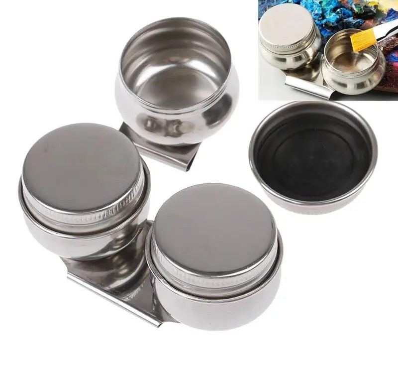 Godete metalico doble para solvente y aceites para pintura al oleo y acrilico, de acero inoxidable