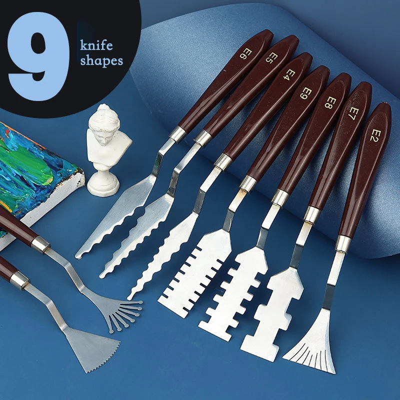 Espatulas metalicas con formas especiales para texturas, 9 piezas, Marca Jowoart,  raspadores de forma especial para pintura al óleo, pintura acrilica para multiples efectos, ideal para estudiantes de arte y pintores profesionales