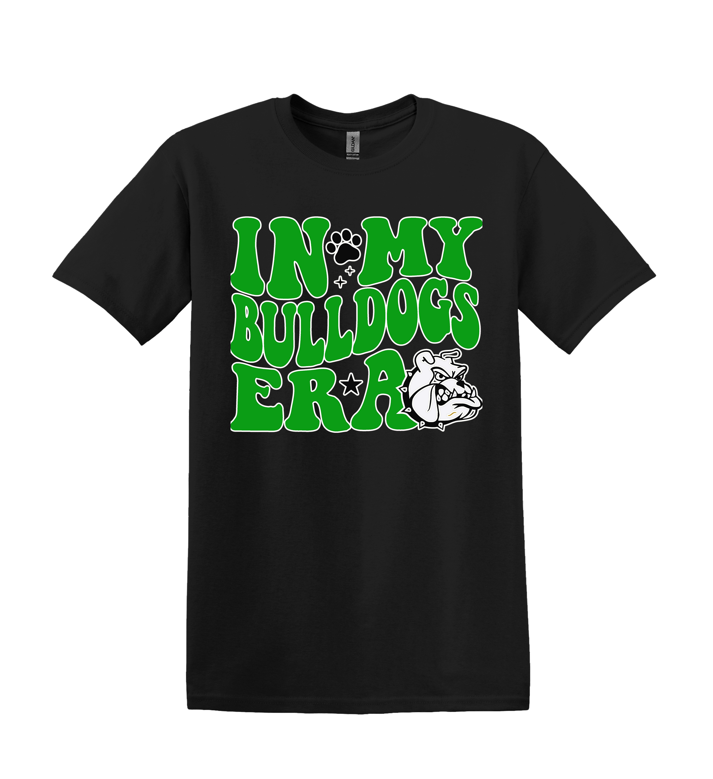Bulldogs Spirit Shirt - red, green, or blue logos - black or gray shirt! (Item #1163)