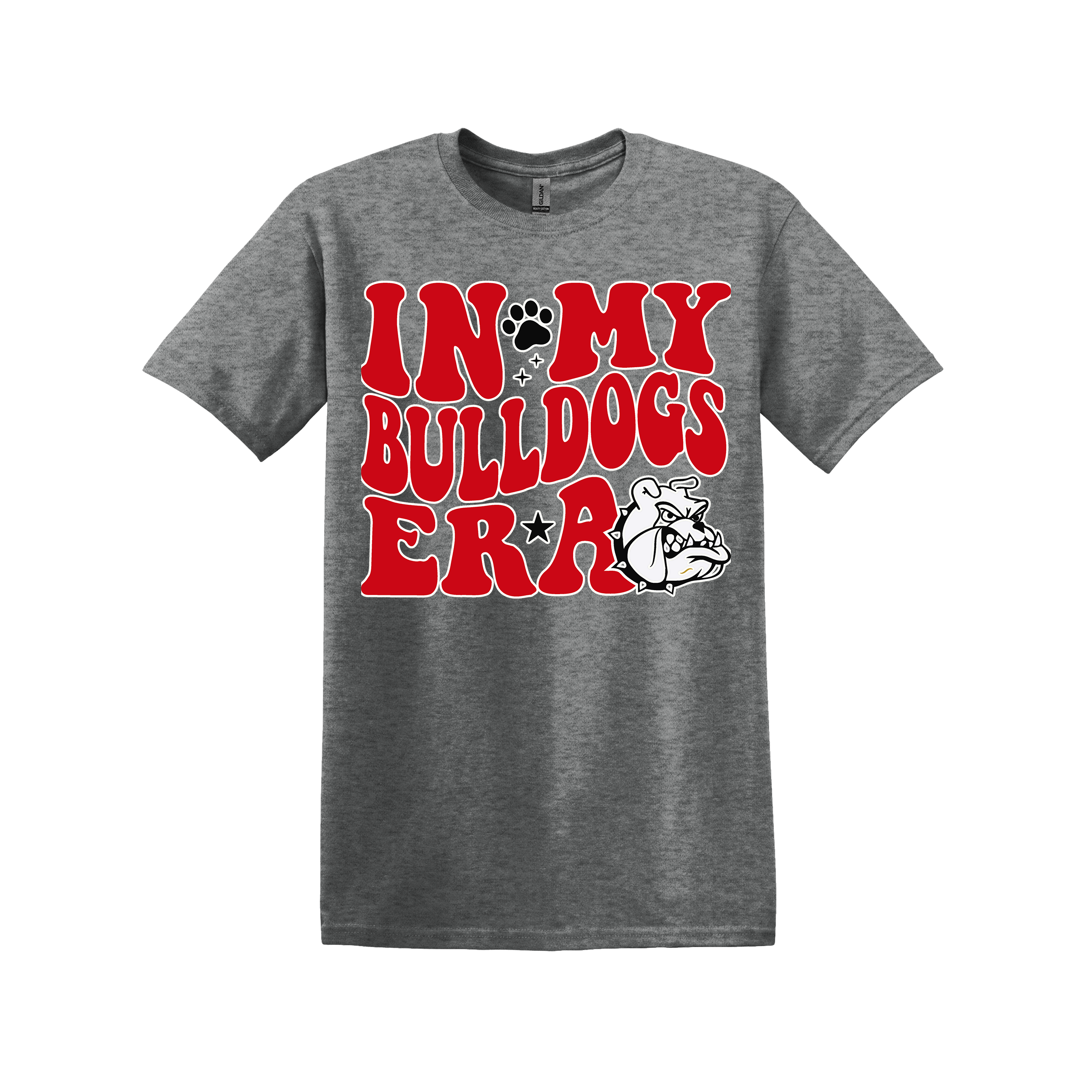 Bulldogs Spirit Shirt - red, green, or blue logos - black or gray shirt! (Item #1163)