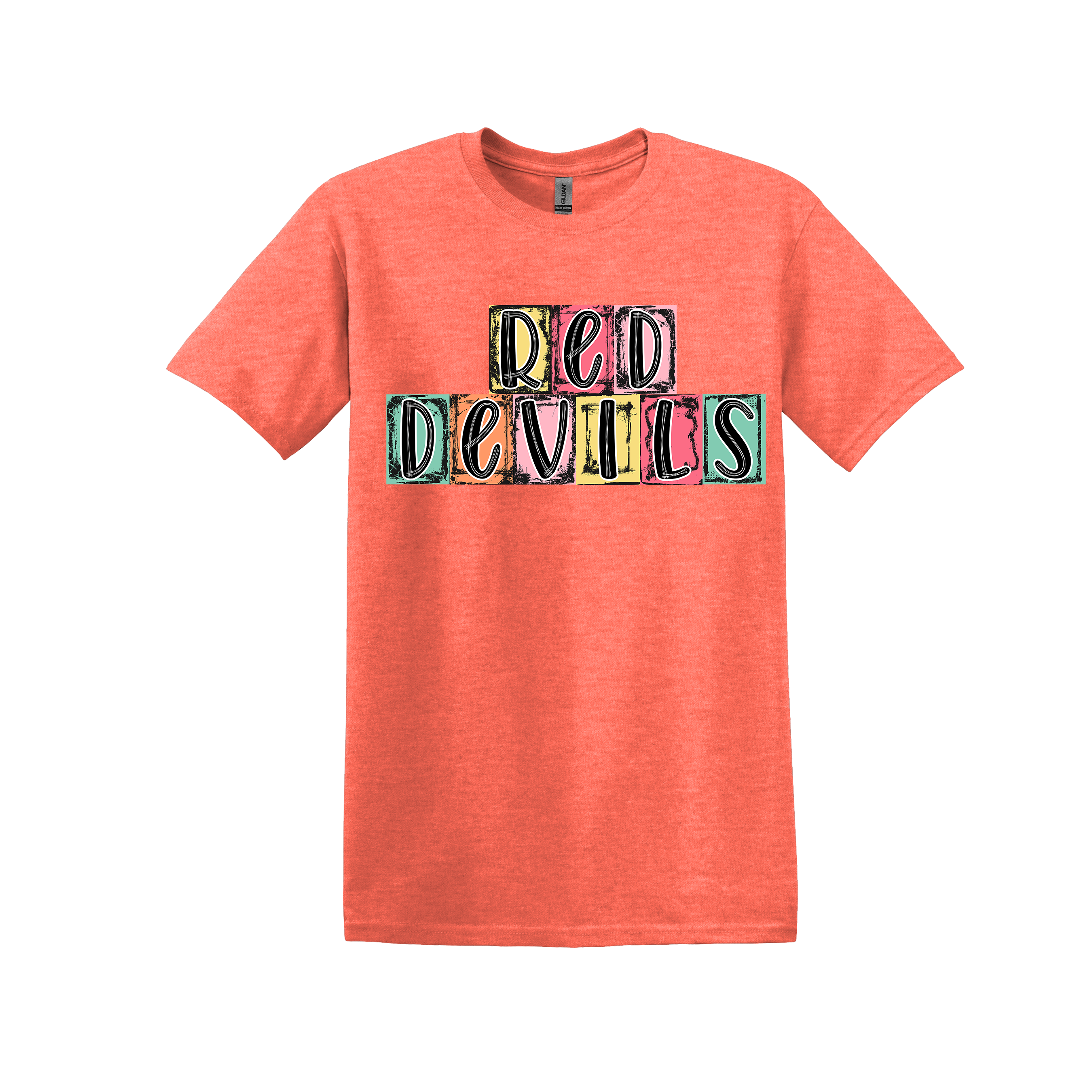 Red Devils Spirit Tee - your choice of heather orange, light pink, heather seafoam, or black (item #1025)