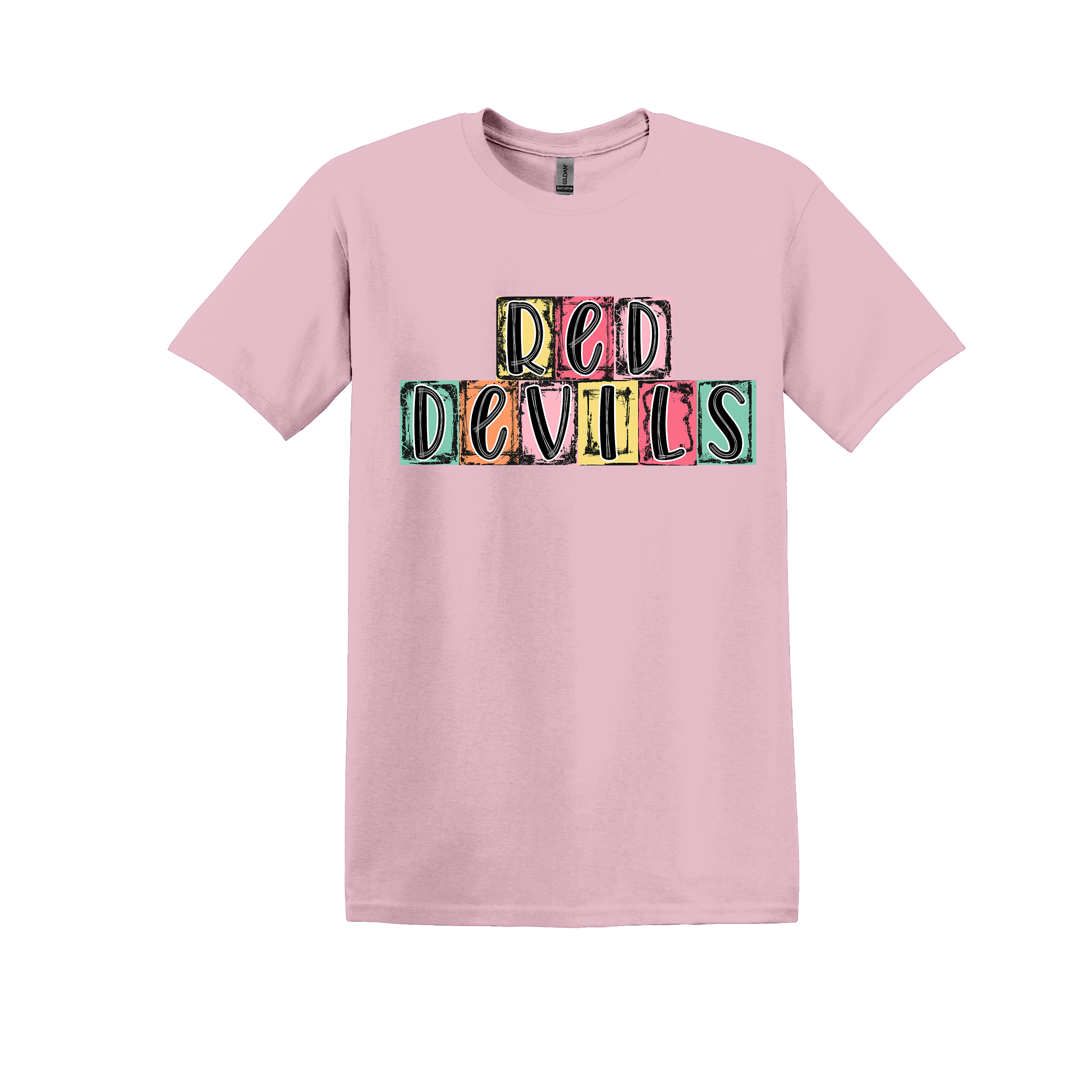 Red Devils Spirit Tee - your choice of heather orange, light pink, heather seafoam, or black (item #1025)
