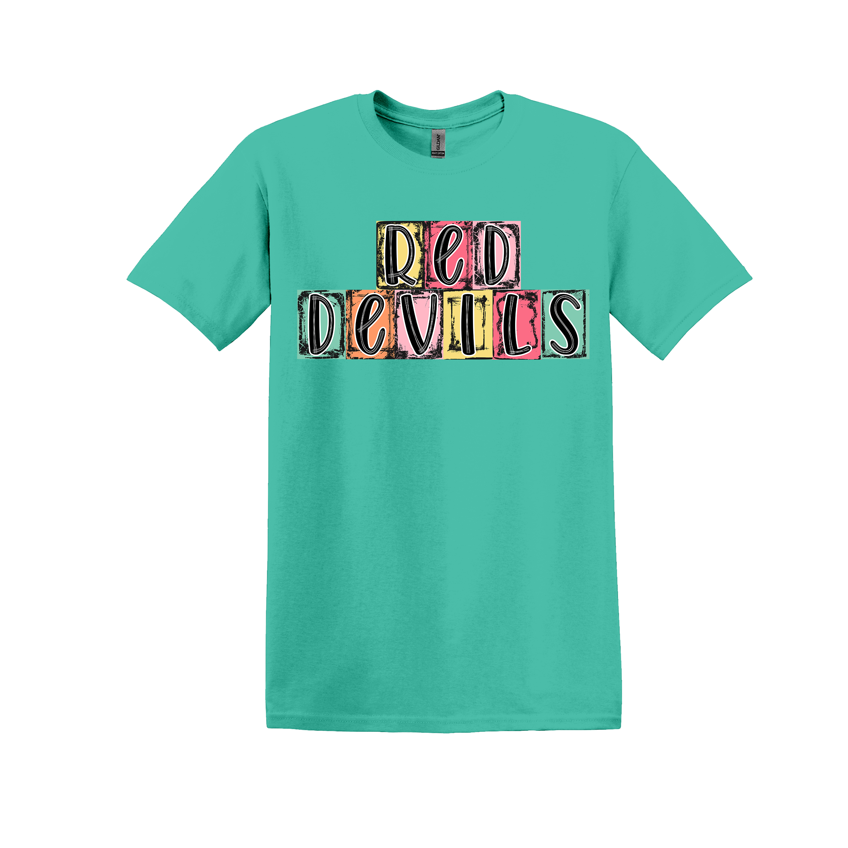Red Devils Spirit Tee - your choice of heather orange, light pink, heather seafoam, or black (item #1025)