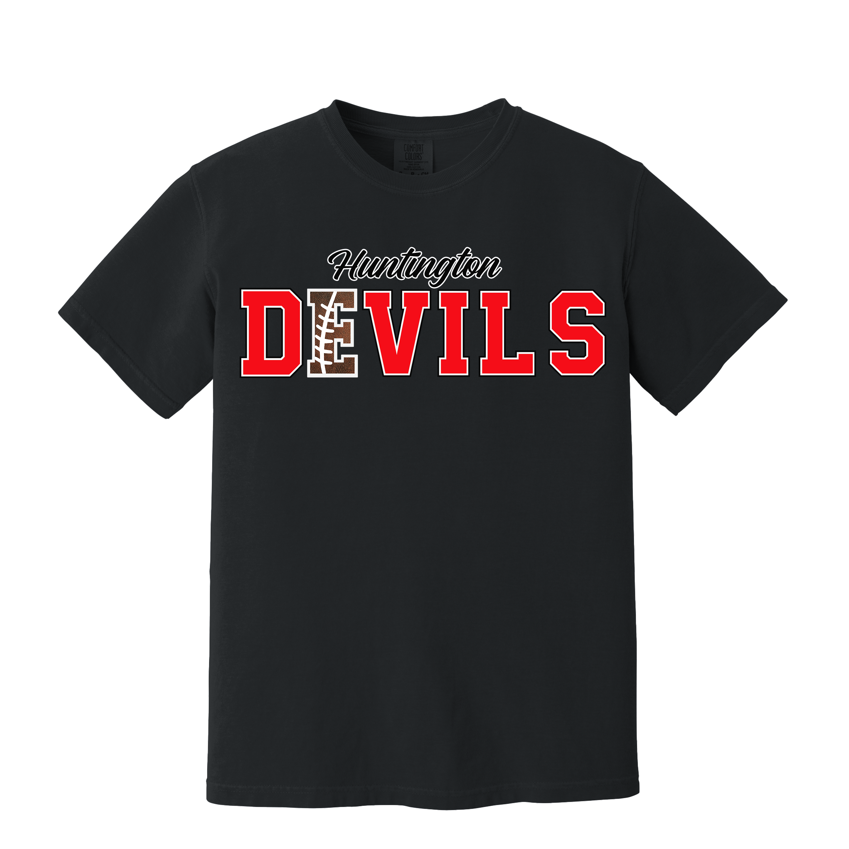 Devils Football Spirit Tee on your choice of black or white Comfort Color (Item #1260)