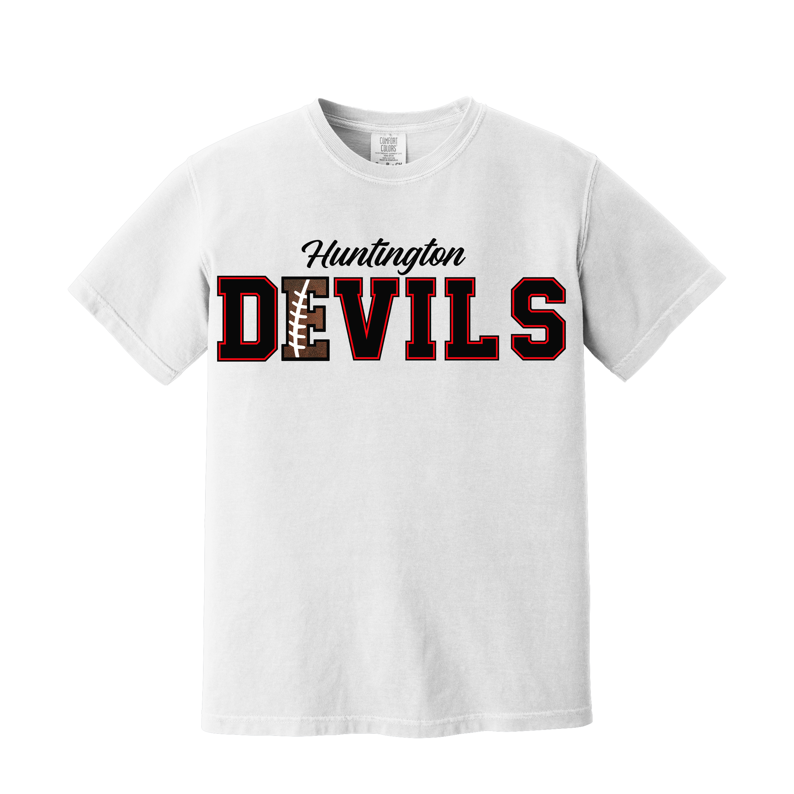Devils Football Spirit Tee on your choice of black or white Comfort Color (Item #1260)