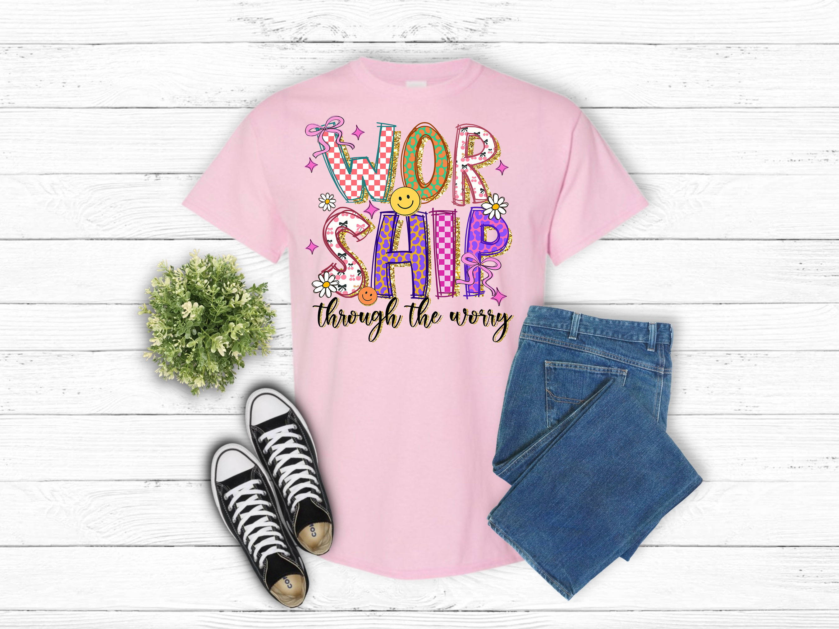 Worship Through the Worry tee Choice of Tee or Sweatshirt (10119)
